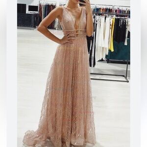 SAY YES To THE PROM DRESS Silver Sparkles Mirror Detail V-Neck Prom Gown NWOT